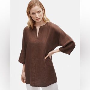Eileen Fisher Organic Handkerchief Linen Split Neck Tunic Brown Petite M
